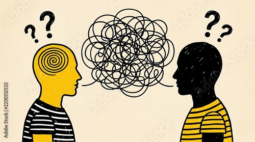 An of two people facing each other with a messy scribble of lines between them representing a communication breakdown or confusion