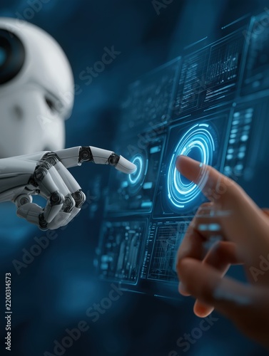 Human hand and robotic arm touching digital interactive screen with hud data interface. Future technology, automation and human machine collaboration concept