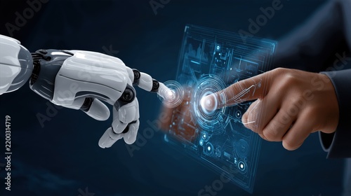 Human hand and robotic arm touching digital interactive screen with hud data interface. Future technology, automation and human machine collaboration concept