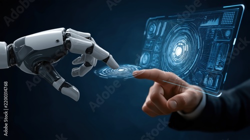 Human hand and robotic arm touching digital interactive screen with hud data interface. Future technology, automation and human machine collaboration concept