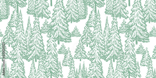 Snowy frozen fir forest seamless pattern, hand drawn christmas trees, vector background, paper, wallpaper