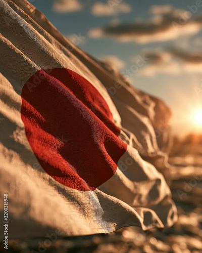Japanese flag waving fabric golden sunset