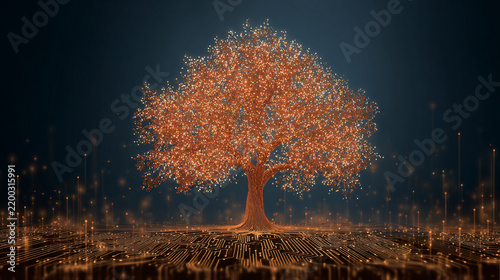 Glowing Digital Tree with Sparkling Lights and Circuitry Base