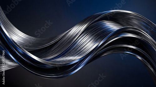 dynamic twisting wave of brushed metallic chrome ribbons with glossy reflections and deep blue ambient lighting flowing across dark studio background for luxury digital branding design
