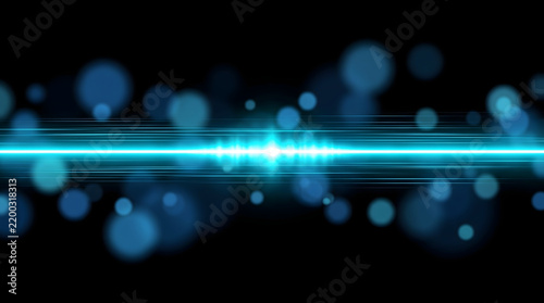 futuristic horizontal blue optical light beam with central neon cyan glow and floating soft circular bokeh lights spanning across dark background for speed and energy concept backdrop
