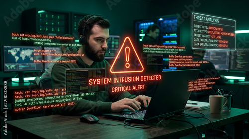 male cyber defense analyst working on computer in dark command room with glowing red critical system intrusion alert hologram and terminal code logs for digital cybersecurity protection