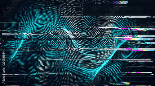 Vibrant teal digital wave pattern with a powerful glitch effect creating an abstract futuristic technology background perfect for modern data visualization and cyber security concepts