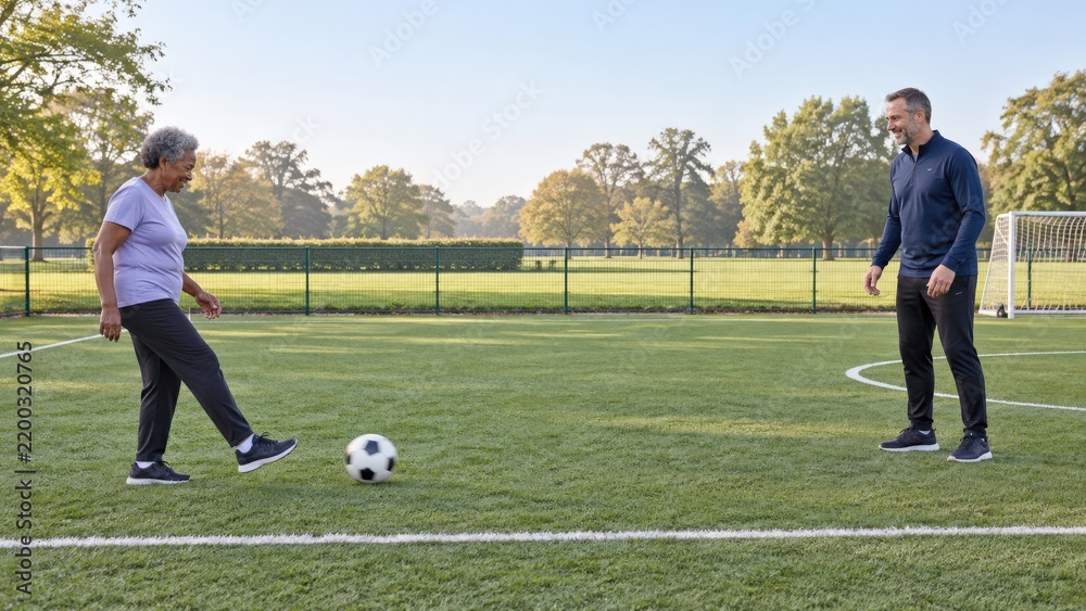 Fototapeta premium Older adult Black woman sends a short walking football ground pass toward a waiting coach on a community grass pitch with relaxed posture and open space between the two participants
