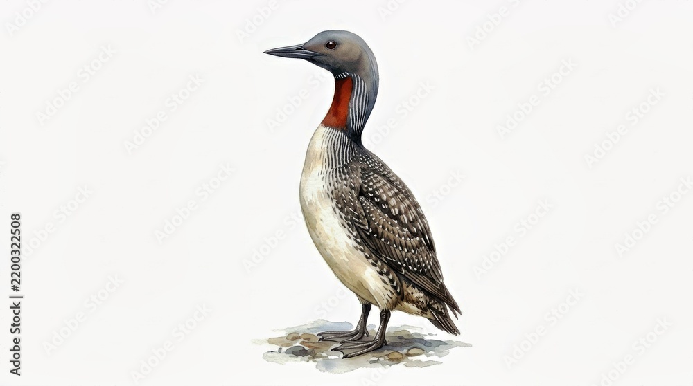 Obraz premium Red-Throated Loon Standing Upright in Watercolor Style on White Background