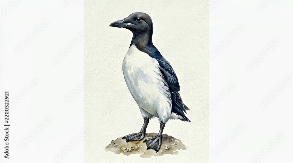 Fototapeta premium Thick-Billed Murre Standing Upright in Watercolor Style on White Background