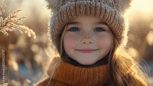 A young girl in a winter hat and scarf smiling in the snow.