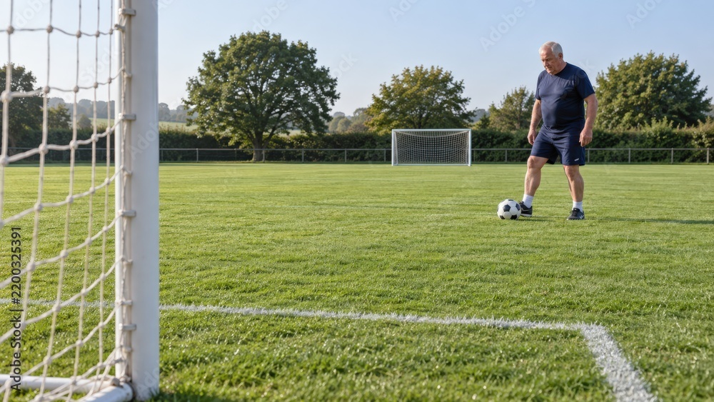 Fototapeta premium A White British man lines up a short angled walking football shot beside a grounded ball on a grass pitch viewed past the near goalpost in gentle morning light