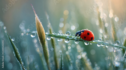 Close-Up of a Ladybug on Dew-Covered Grass Blade in Morning Light