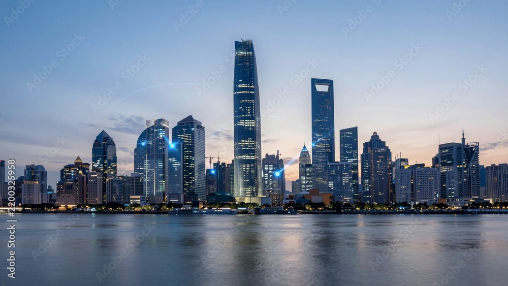 Fototapeta premium Digital data streams connect towering skyscrapers in a futuristic smart city skyline at twilight.