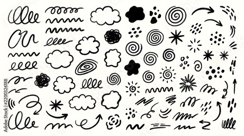 Whimsical hand-drawn organic doodle elements collection.