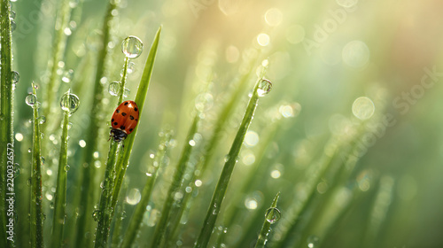 Ladybug on dewy grass blades with sunlight in early morning scene