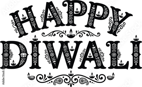 Intricate black lettering spells happy diwali with ornamental flourishes and traditional lamp motifs diwaliwishes festivaloflights