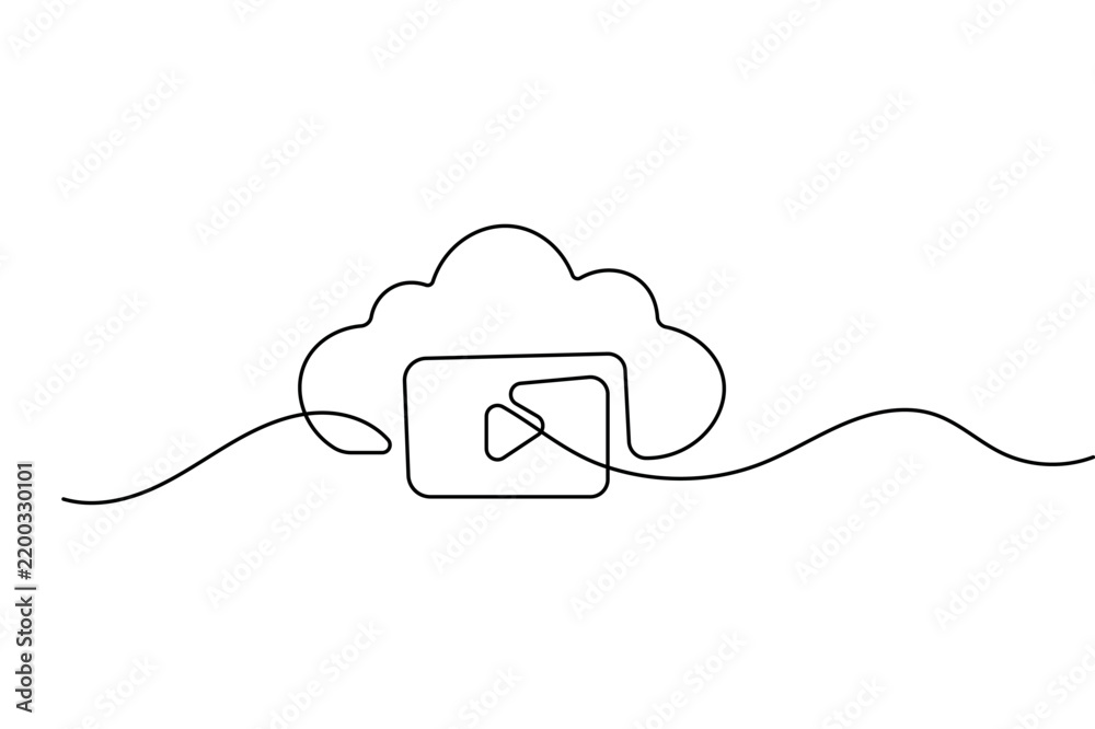 Fototapeta premium Cloud video streaming continuous line art showing a cloud and video player featuring editable stroke
