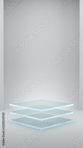 Abstract technology background with translucent glass platform and layered geometric surface for modern digital design and presentation use