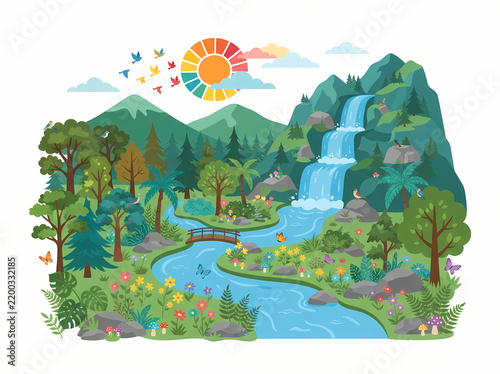 A vibrant illustration of a lush forest landscape featuring a cascading waterfall and a winding river.