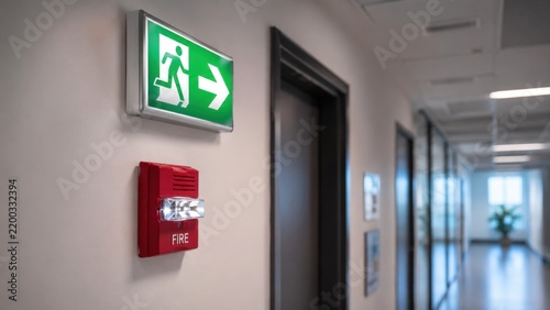Emergency exit sign and fire alarm on office corridor wall for workplace safety and evacuation