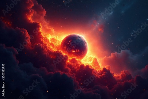 Fiery Celestial Body Emerging from a Nebula of Intense, Glowing Clouds and Cosmic Dust