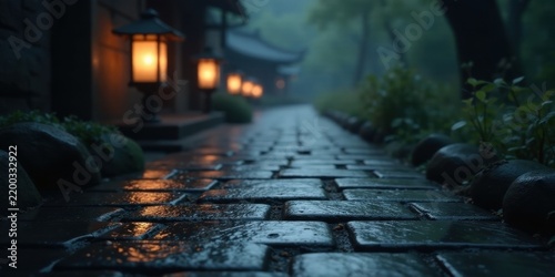Serene Evening Ambiance on a Wet Cobblestone Path Illuminated by Soft Lantern Light