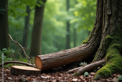Serene Forest Floor Fallen Log and Mossy Tree Base in a Lush Green Woodland Setting