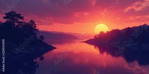 Serene Sunset Over a Calm Lake, Silhouetted Trees on Gentle Slopes, Vibrant Sky Hues Reflecting on Tranquil Water