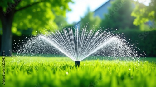 Vibrant Green Lawn Sprinkler System in Action Refreshing Hydration for Lush Grass