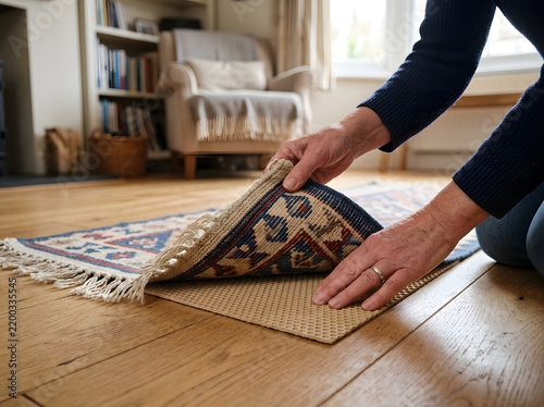 Hands securing a loose rug with a nonslip pad at home
