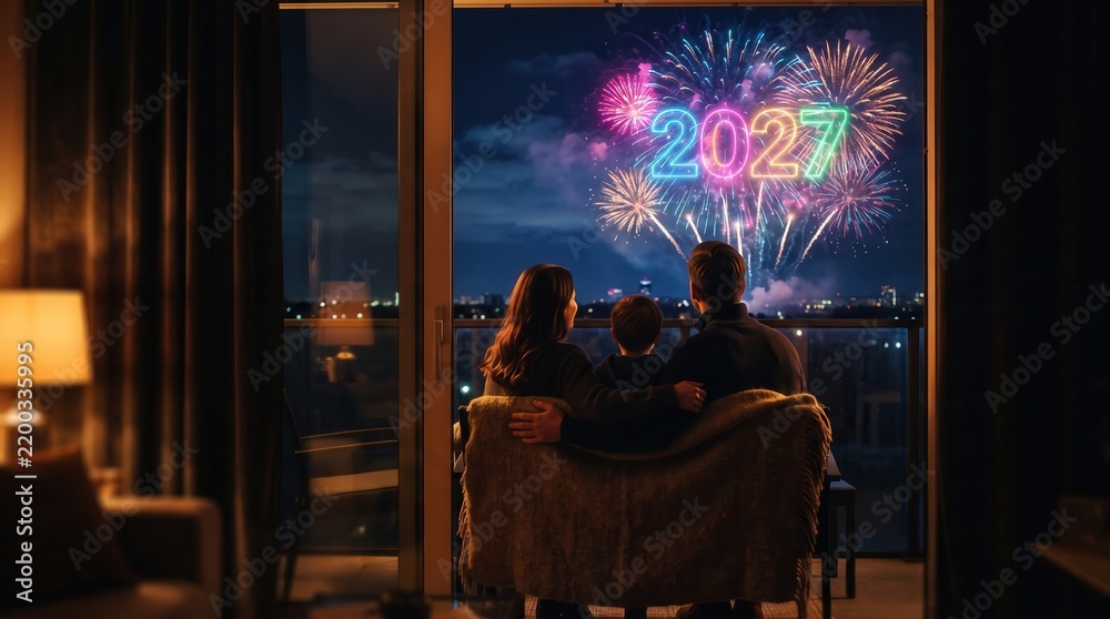 Fototapeta premium Family watching neon 2027 fireworks from home balcony capturing New Year's Eve celebration with cozy togetherness for future outlook and holiday greeting card design.