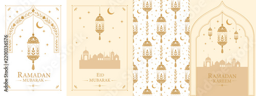 Ramadan and Eid greeting card collection with golden lanterns