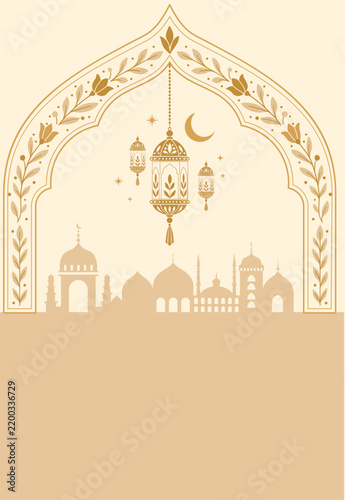 Ramadan background with Islamic arch mosque and copy space