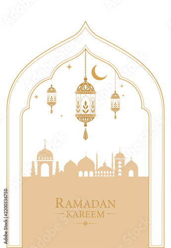 Ramadan Kareem card with Islamic arch and mosque skyline