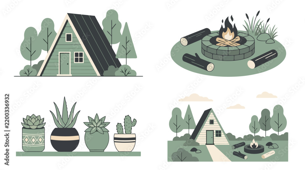 Obraz premium Collection of illustrations depicting A-frame cabins, a campfire scene, and potted succulents, set against a minimalist natural backdrop.