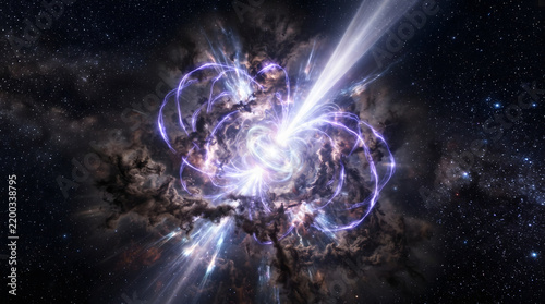 Spinning neutron star magnetar with twisted glowing magnetic field lines and massive relativistic particle beam jets blasting into surrounding dark cosmic dust pillars in deep cosmos