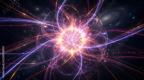 Glowing spherical quantum energy orb with orbital magnetic field loops and radiant light filaments sparkling amidst starry deep space galaxy background in an abstract cosmic concept