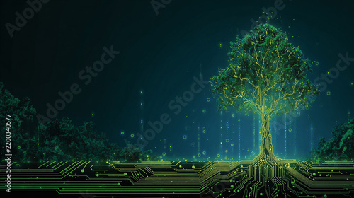 Futuristic glowing tree with digital circuit roots in technology landscape