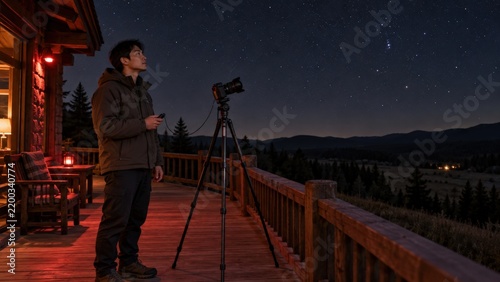 A young East Asian photographer holds a wired shutter release beside a tripod camera on a rural lodge terrace beneath the stars during a night exposure