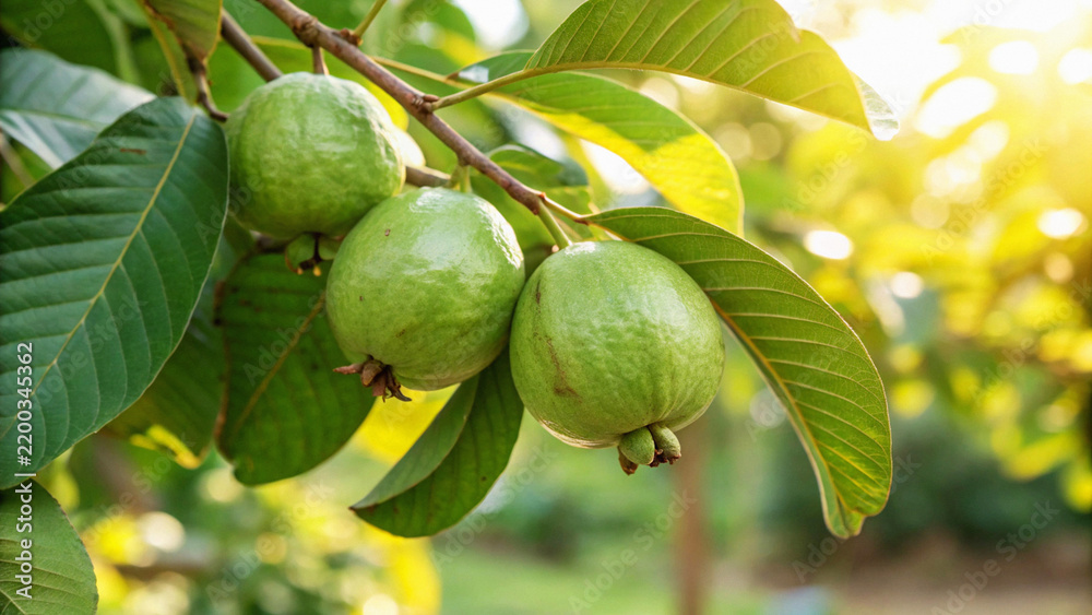 Fototapeta premium Green guava fruits on a tree branch in a sunny tropical garden with sun drenched