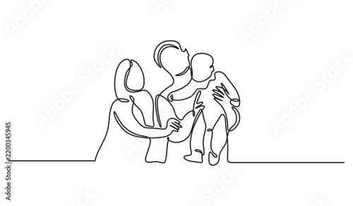 Happy family with baby continuous line drawing, parents holding child vector illustration
