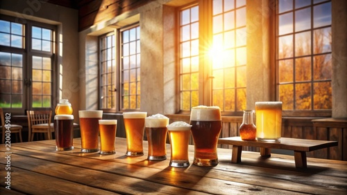 Golden Hour Ale Tasting A Collection of Craft Beers on a Rustic Wooden Table, Bathed in Warm Sunlight Streaming Through Large Windows