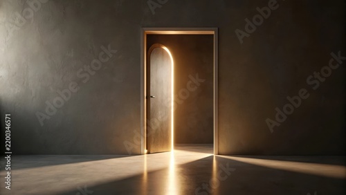 A Glimmering Light Emanates from an Open Arched Doorway in a Dark Room, Illuminating the Floor with a Warm Golden Glow
