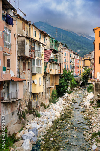 Old houses of Carrara, Italy along the river