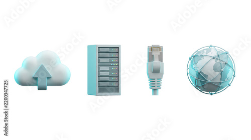 Plakat Cloud computing icons with server, cable, and globe illustration 