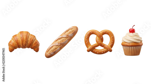 Various baked goods including croissant, baguette, pretzel, and cupcake on a transparent background for food design and bakery advertisement
