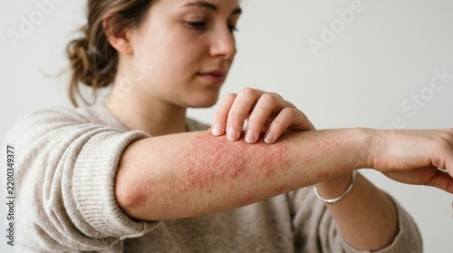 Young Woman Scratching a Red Itchy Skin Rash on Her Forearm, Eczema or Allergy Concept