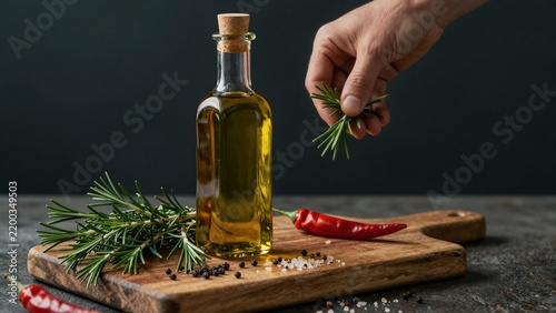 A hand delicately holds fresh rosemary over a glass bottle of golden olive oil, surrounded by red chili peppers and peppercorns on rustic wooden cutting board.