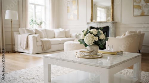 Elegant White Living Room With Marble Coffee Table And Floral Arrangement For Interior Design